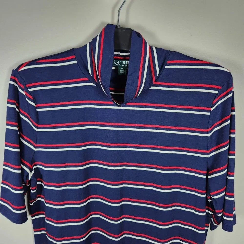Lauren Ralph Lauren Shirt Womens XL Blue Mock Neck Striped Jersey Top Blouse - Picture 3 of 11